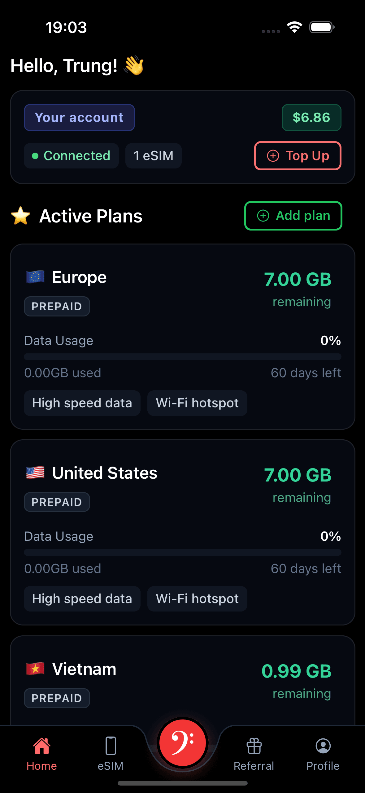 eSimphony app — active plans for Europe, United States, Vietnam